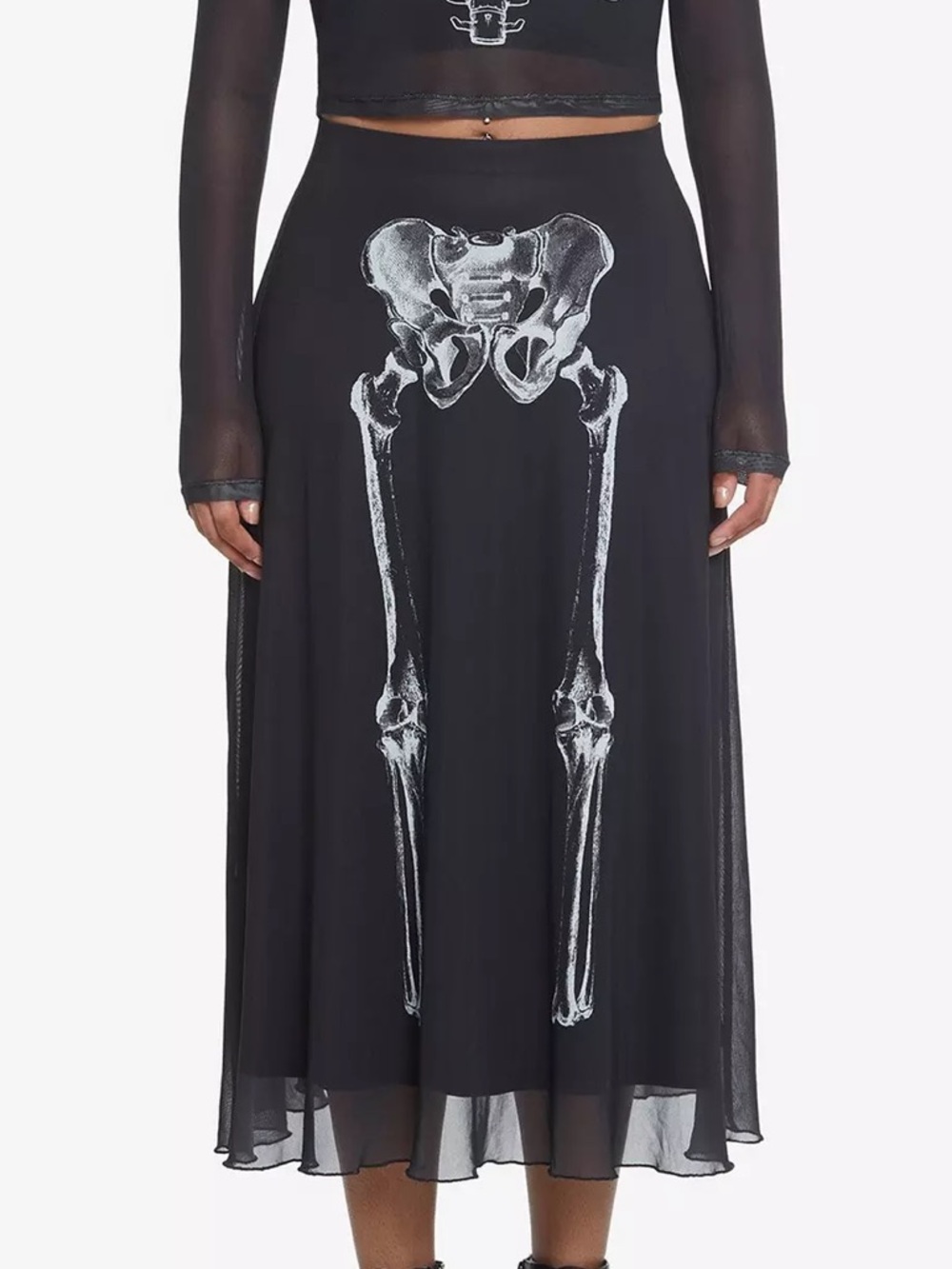 Social Collision Goth Skeleton Hip Femur Bones Anatomy Mesh Midi Skirt